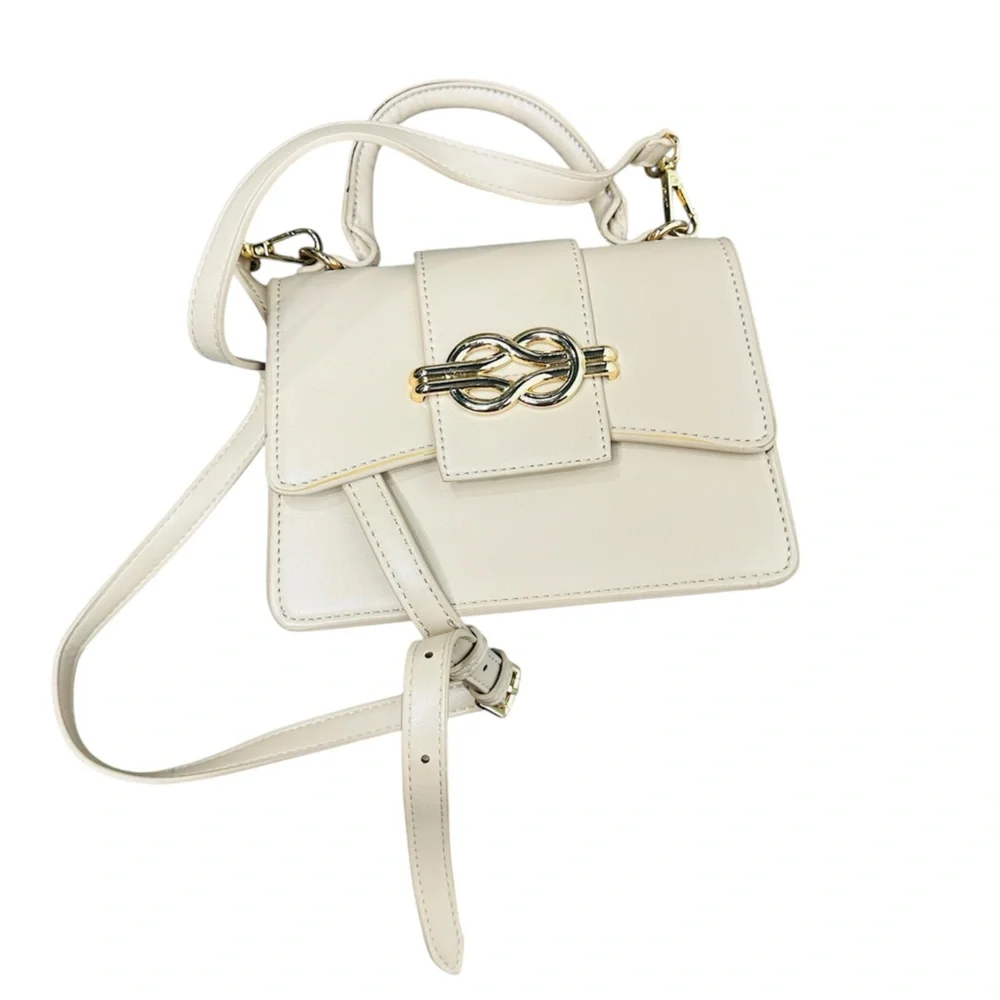 Elegant Cream Small Top Handle Handbag with Mini Satchel Crossbody Gold Accents